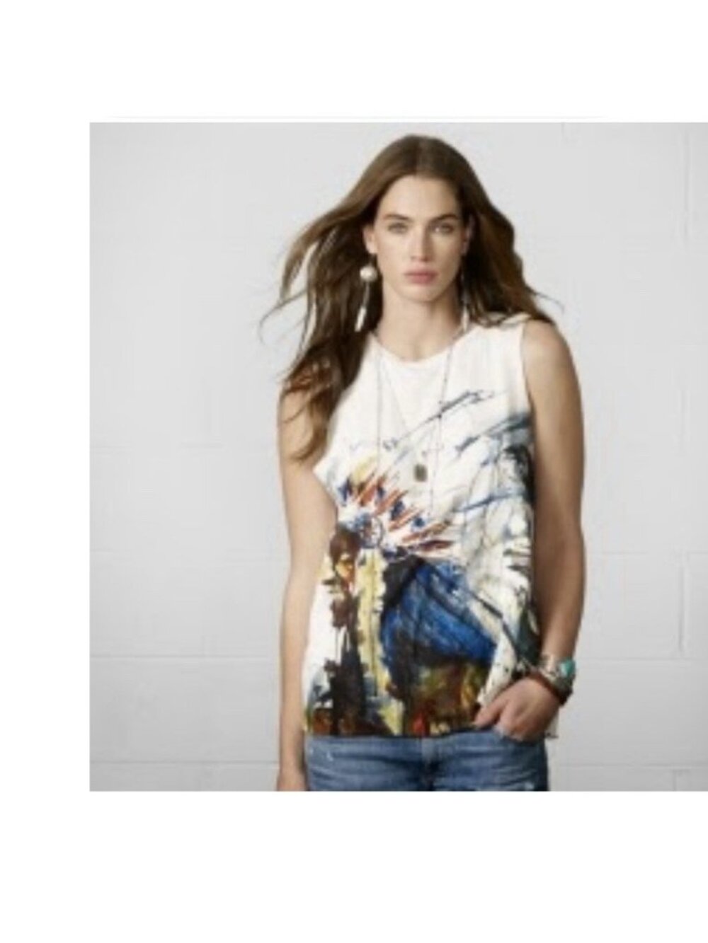 Denim & Supply Sleeveless Native American Watercolor Chief Distressed Tshirt S